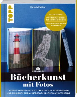 Motivblock - Bücherkunst mit Fotos. In Streifen geschnittene Fotos werden in ein altes Buch geklebt und ergeben beeindruckende Buchkunstwerke 