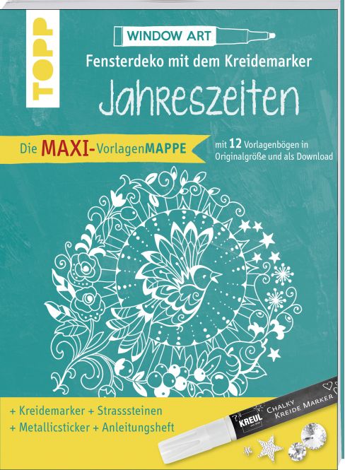 Maxi-Vorlagenmappe Fensterdeko mit dem Kreidemarker - Jahreszeiten. Inkl. Original Kreul-Kreidemarker, Sticker und Glitzer-Steinchen 